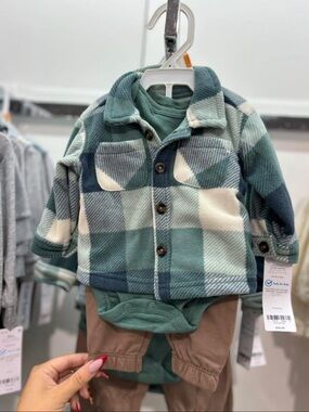 Carters Baby Plaid Shacket with Green Bodysuit brown pants set NWT  9m